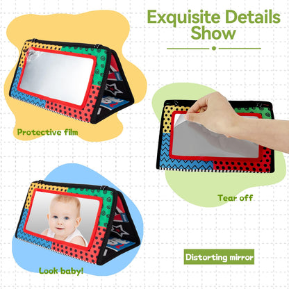 Tummy Time Baby Mirror Toys High Contrast Activity Montessori Brain Developmental Newborn Toys with Sensory Crinkle Books and Teethers Infant 0-3-4-6-12 Months Old Boys Girls Travel Gift