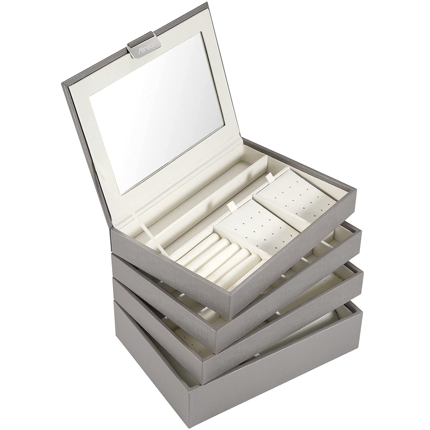 Allinside Stackable Jewelry Tray Box Sets Organizer with Mirror Lid, PU Leather Jewelry Storage Display Case for Drawer Dresser, Jewelry Holder Trays for Earring Ring Necklace Watch, Set of 4, Gray