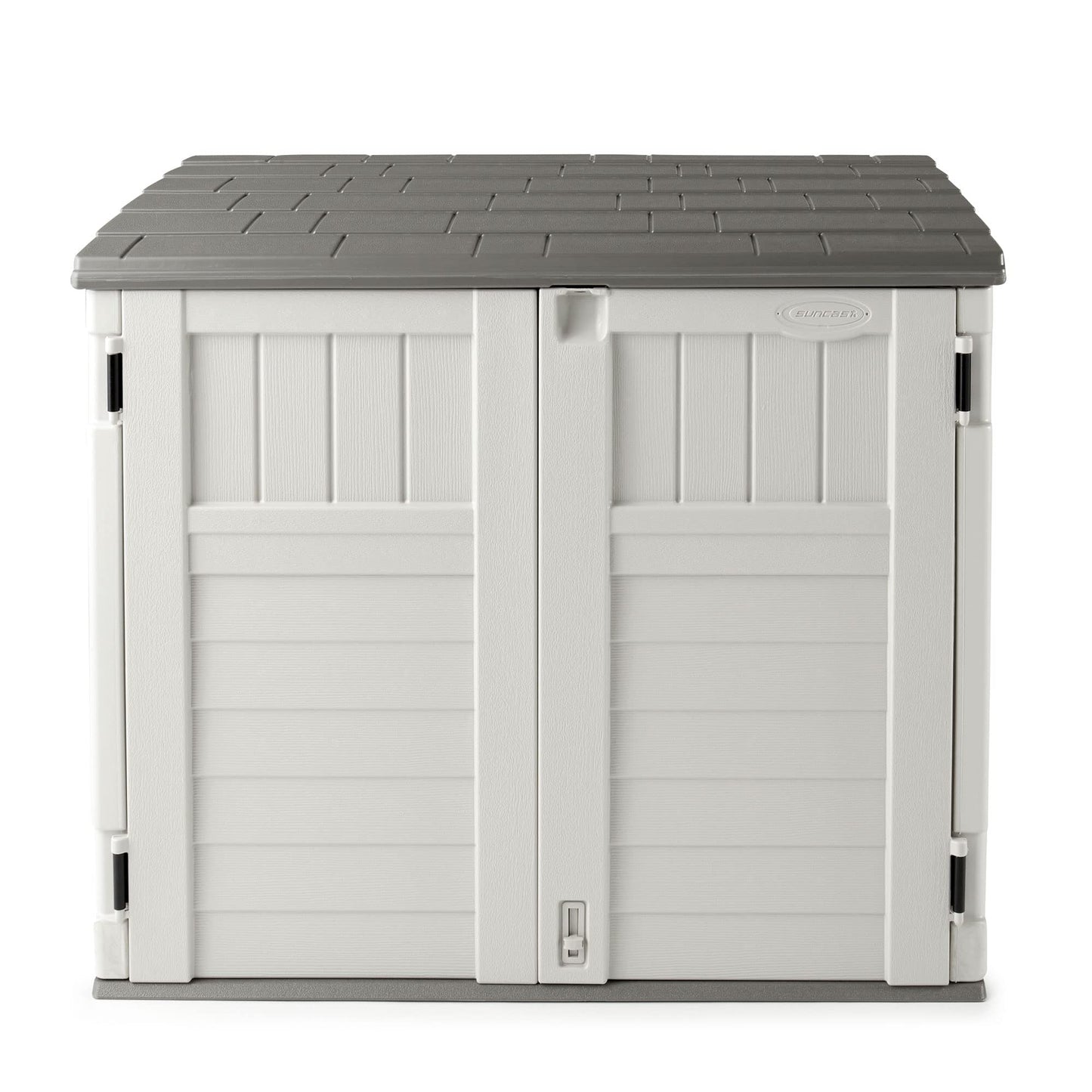 Suncast Horizontal 34 Cubic Feet Plastic Outdoor Storage Shed with Floor and 3 Door Locking System for Backyard, Garage, or Patio Use, Ivory