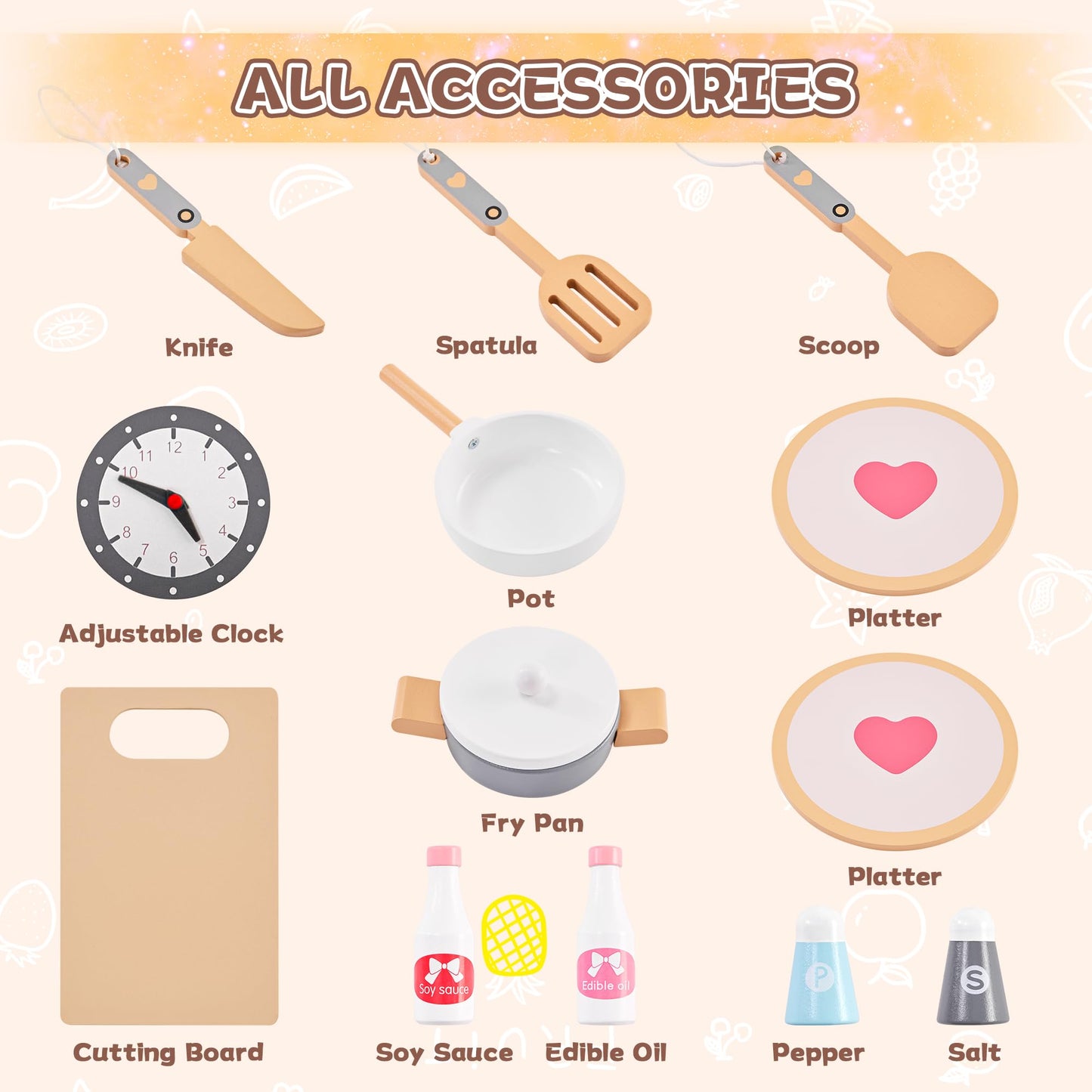 Play Wooden Kitchen Sets for Kids, Toddler Kitchen Playset, Chef Pretend Kitchen with Plenty of Play Features, Toy Kitchen with Toy Food & Cookware Accessories, Gift for Boys Girls