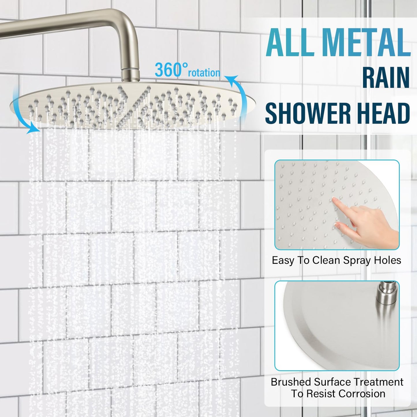 Baetuy 10 Inch Shower Faucet Set, High Pressure Shower Head and Handheld 3 Jet Combo Kit, Bathroom Wall Mount Rain Shower System, Includes Valve and Bathroom Trim Kit, Brushed Nickel…