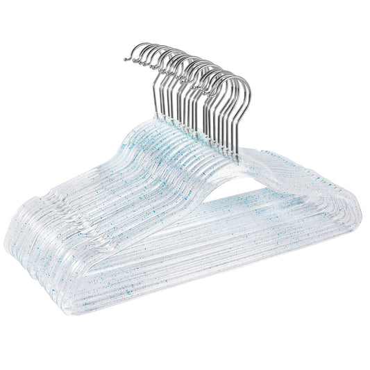 Clear Plastic Hangers 20 Pack - Non-Slip Coat and Clothes Hangers with Bling Glitter for Weddings - Lightweight and Space Saving Hangers for Closet Organization (Blue Glitter)