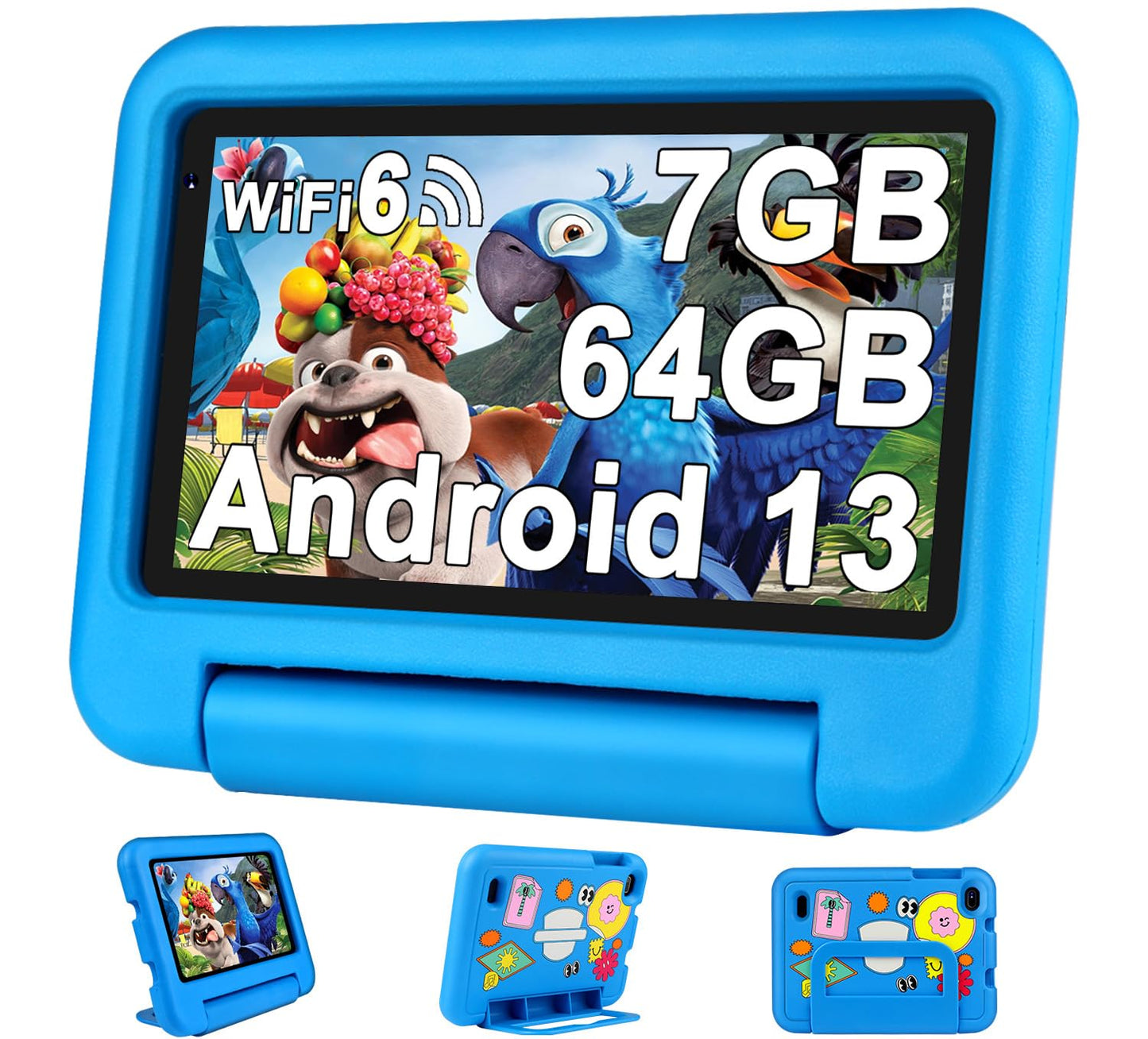 Oangcc Kids Tablet 7 Inch FHD Android 13 Children's Tablet, Wi-Fi 6, Bluetooth 5.0, 7GB RAM+ 64GB ROM (TF 512GB/1TB) | 3500mAh | 1024 x 600 Pixels | Child Proof Eva Case Tablet - Blue