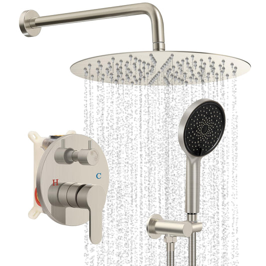 Baetuy 10 Inch Shower Faucet Set, High Pressure Shower Head and Handheld 3 Jet Combo Kit, Bathroom Wall Mount Rain Shower System, Includes Valve and Bathroom Trim Kit, Brushed Nickel…