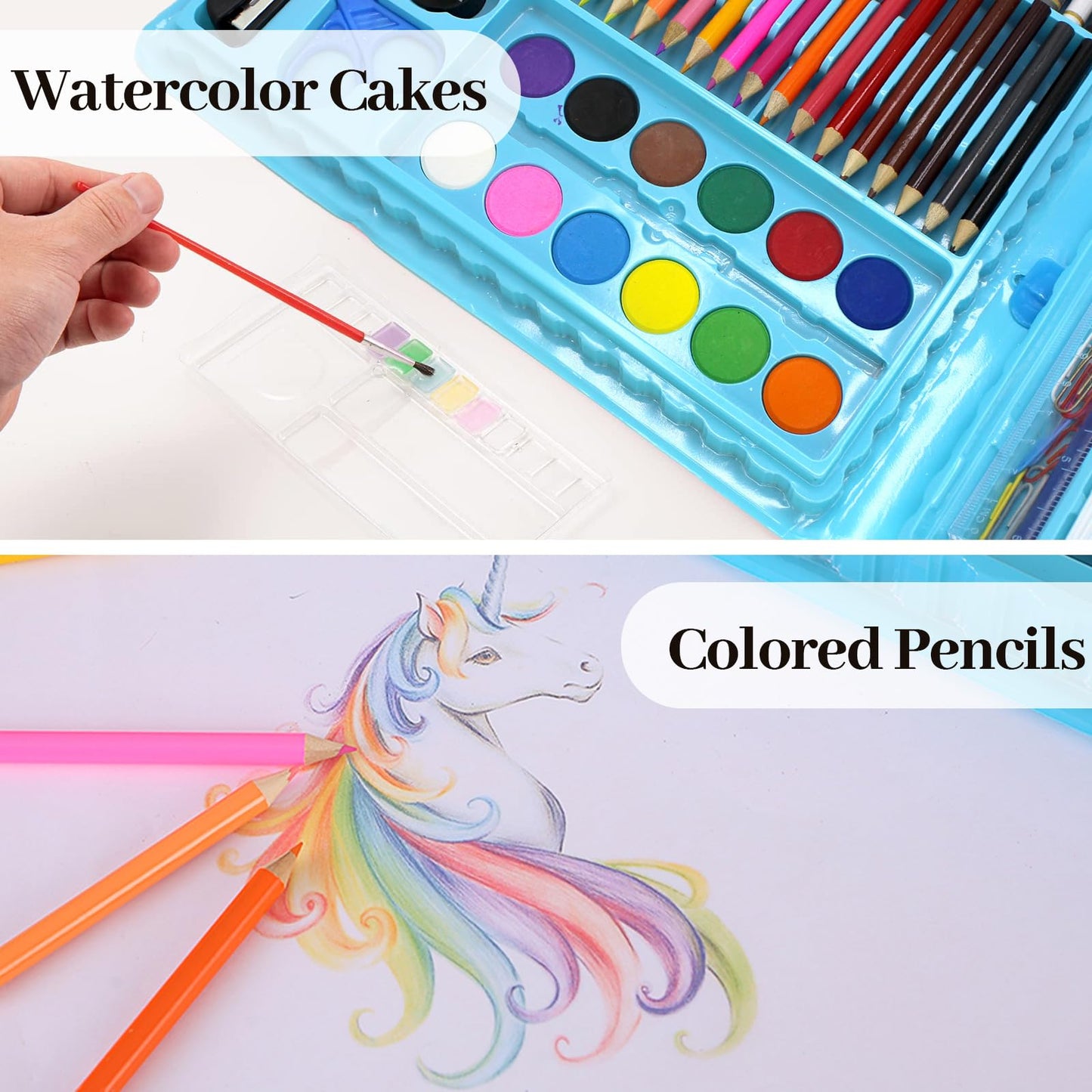 150 PCS Art Supplies Drawing Painting Art for Kids Girls Boys Teens, Art Set Case Includes Oil Pastels, Crayons, Colored Pencils, Watercolor Cakes for Christmas Gifts (Blue)