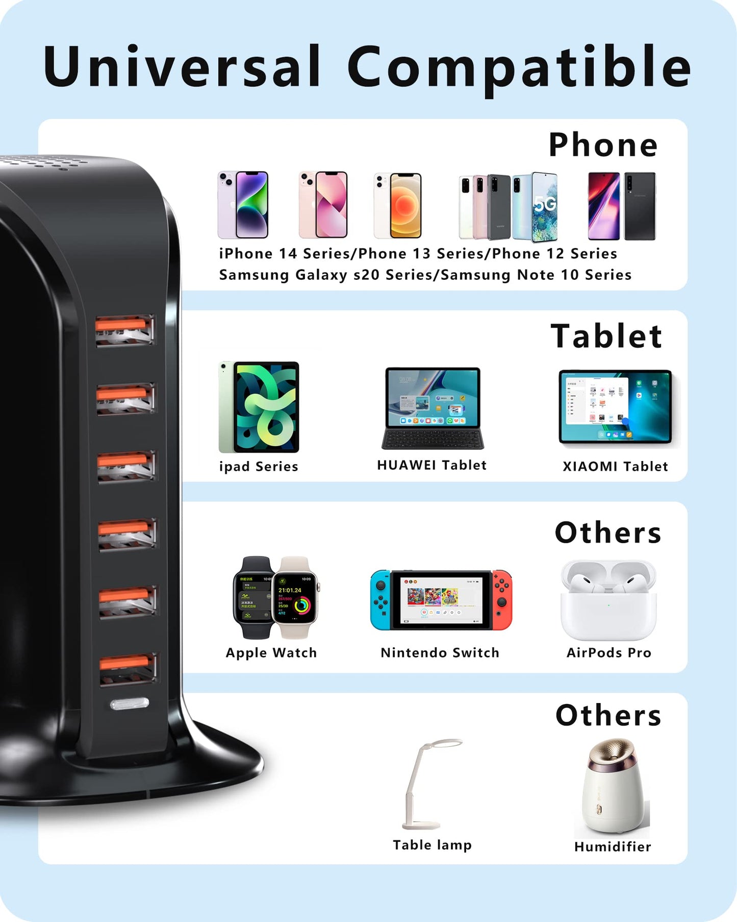 VPSUN USB Charger 6 Port 50W Multi USB Tower Charging Station for Multiple Devices iPhone 15/14/14 Pro/14 Pro Max/13 Pro/13 Pro Max/Android/Samsung/Tablet,etc(Black USB)