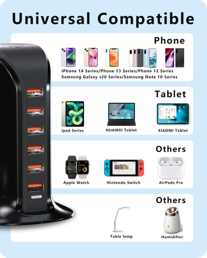 VPSUN USB Charger 6 Port 50W Multi USB Tower Charging Station for Multiple Devices iPhone 15/14/14 Pro/14 Pro Max/13 Pro/13 Pro Max/Android/Samsung/Tablet,etc(Black USB)
