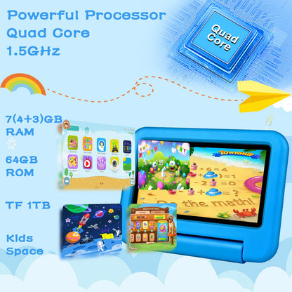 Oangcc Kids Tablet 7 Inch FHD Android 13 Children's Tablet, Wi-Fi 6, Bluetooth 5.0, 7GB RAM+ 64GB ROM (TF 512GB/1TB) | 3500mAh | 1024 x 600 Pixels | Child Proof Eva Case Tablet - Blue