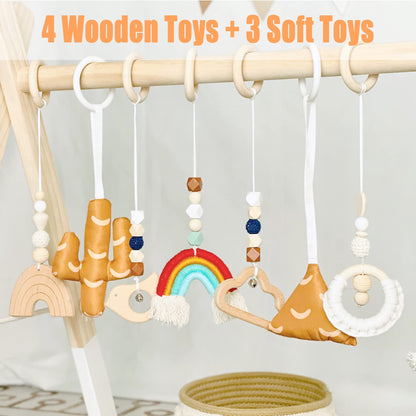 PgUp Baby Play Gym Wooden Baby Gym with 7 Toys, Foldable Wooden Play Gym Frame Hanging Bar, Toddler Montessori Activity Center for Play & Learn, Newborn Gift for Baby Girl and Boy