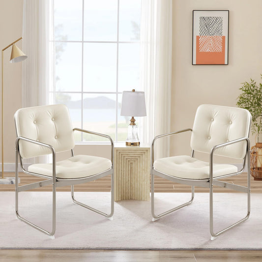 COLAMY Modern Dining Chairs Set of 2, Button Tufted PU Leather Upholstered Dining Room Kitchen Side Chair with Metal Legs for Home/Living Room/Bedroom/Office, Beige