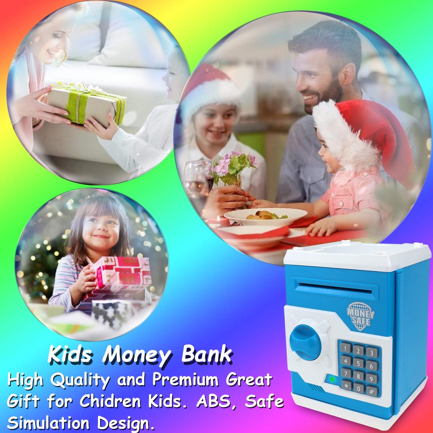 Qwifyu Piggy Bank for Boys Girls, 4 5 6 7 8 9 10 Year Old Girl Boy Birthday Gift Ideas, Electronic Password Money Saving Box ATM, Great Gift Safe Bank Toys for Kids (Blue White)