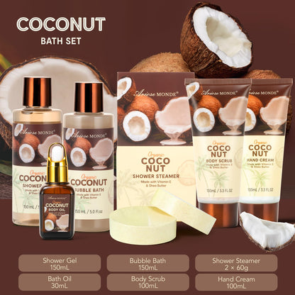 Spa Gift Basket for Women, Coconut Luxury Gift Set with Shower Gel, Bubble Bath, Hand Cream, Bath Soap, Bath Salt, Essential Oil, Luxury Bath and Body Gift Kit for Christmas