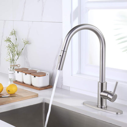 SOKA Commercial Kitchen Faucet with Pull Down Sprayer RV Touch Faucet for Kitchen Sink Singel Handle Travel Trailer Brushed Nickel Kitchen Faucet High Arc Fit for 1 & 3 Hole with Desk Plate