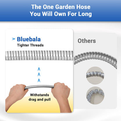 Bluebala Metal Garden Hose - 25FT Heavy Duty Stainless Steel Water Hose with 8-Mode Spray Nozzle, 3/4" Fittings, Leak Proof, Puncture Resistant, No Kink, Lightweight Outdoor Hose for Yard, Farm, Car