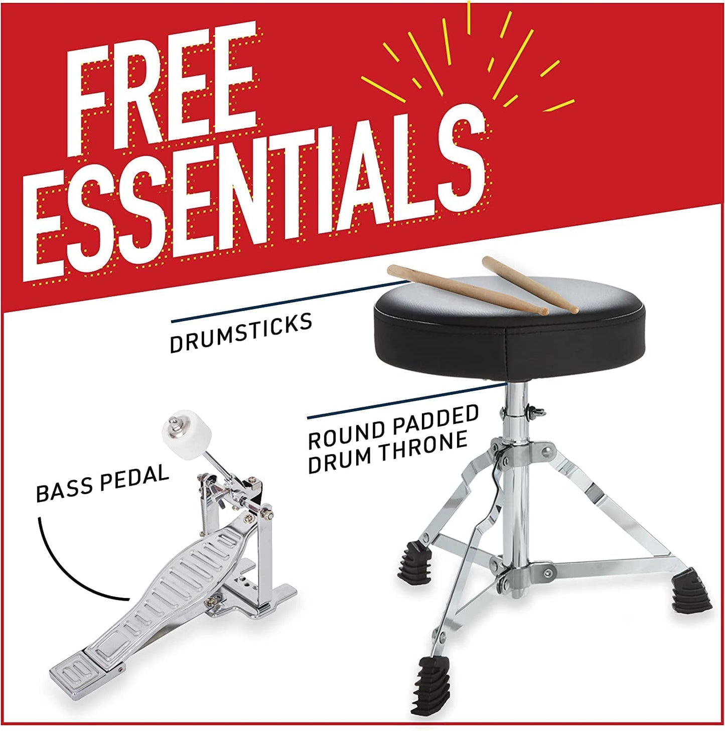 Mendini By Cecilio Kids Drum Set - Junior Kit w/ 4 Drums (Bass, Tom, Snare, Cymbal), Drumsticks, Drum Throne - Beginner Drum Sets & Musical Instruments