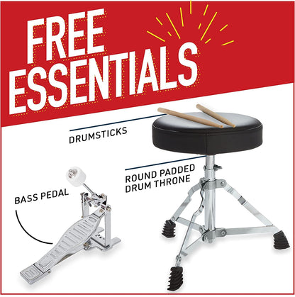 Mendini By Cecilio Kids Drum Set - Junior Kit w/ 4 Drums (Bass, Tom, Snare, Cymbal), Drumsticks, Drum Throne - Beginner Drum Sets & Musical Instruments