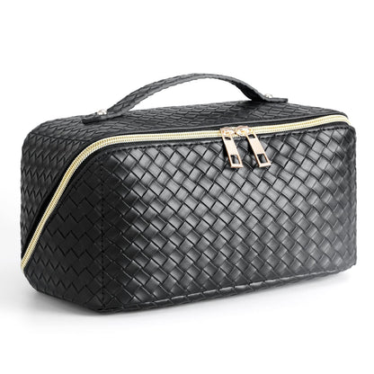 LASPERAL Travel Makeup Bag Large Capacity Cosmetic Bag Organizer Leather Waterproof Portable Compact Skincare Storage Checkered Pouch with Handle and Dividers for Women Girls Makeup Brushes (Black)