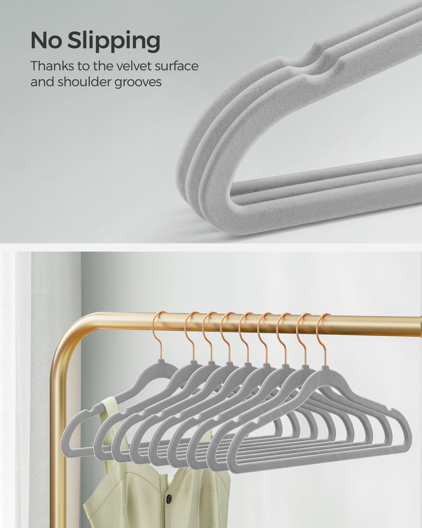 SONGMICS Velvet Hangers 30 Pack, Non-Slip Hangers with Rose Gold-Colored Swivel Hooks, Slim Space-Saving Hangers, Velvet Hangers for Closet, Heavy-Duty Hangers, Dove Gray UCRF026G30