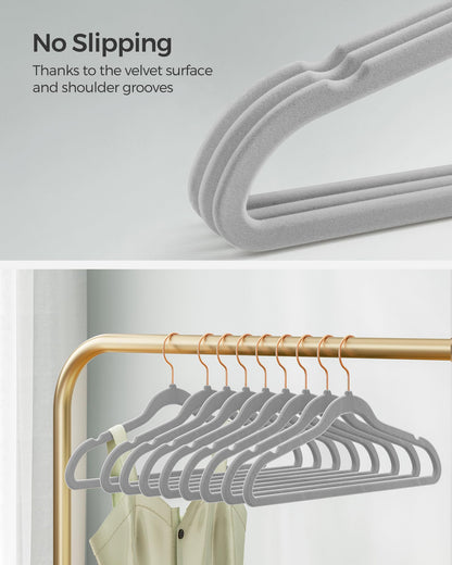SONGMICS Velvet Hangers 30 Pack, Non-Slip Hangers with Rose Gold-Colored Swivel Hooks, Slim Space-Saving Hangers, Velvet Hangers for Closet, Heavy-Duty Hangers, Dove Gray UCRF026G30
