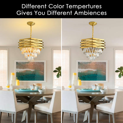 Gold Crystal Chandelier 15.7" Round Modern Crystal Chandeliers for Dining Room K9 3-Tiers Ceiling Pendant Light Fixtures Large Flush Mount Chandelier for Living Room Entryway Foyer Bedroom Kitchen