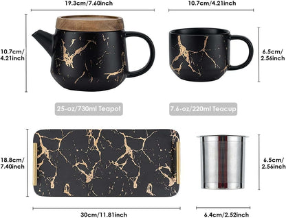 Black Tea Set, 25oz Tea Pot Sets with Infuser, 4 Tea Cups and Porcelain Tray, Luxury Tea Sets for Women with Modern Marble Design, Tea Gift Set for Tea Lovers, Woman and Men