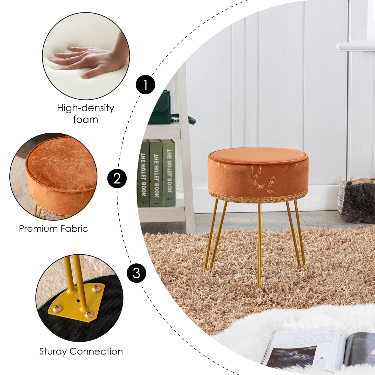 Soohow Vanity Chair Foot Stool Ottoman, Round Small Vanity Stool Chair for Makeup Room, Stool for Vanity Chair for Makeup Room with Metal Legs, Ottoman Foot Rest Makeup Chair for Vanity, Living Room