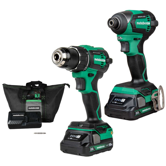 Metabo HPT 18V MultiVolt™ Cordless Brushless Driver Drill & Impact Driver Combo Kit | Includes 2-18V 2.0Ah Batteries | Lifetime Tool Warranty | KC18DEXQB