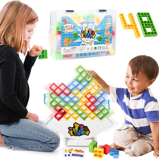 HOMELAM 48 PCS Tetra Tower Stacking Game with Storage Box, Balance Building Blocks Board Game, 2+ Players Family Games for Kids, Adults, Party, Friend