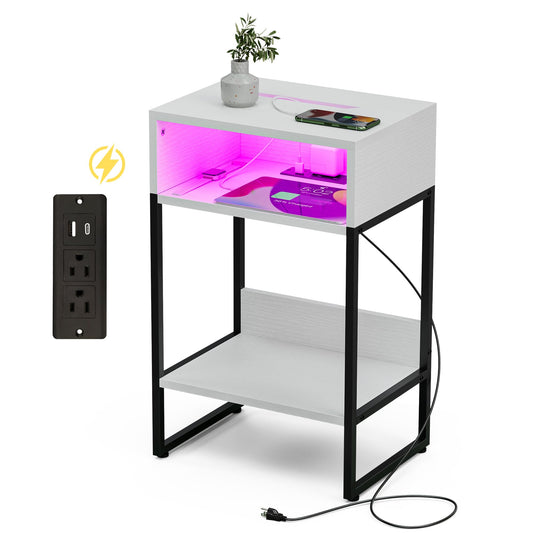 Innerjoin Side Table with Charging Station USB A&C Ports, LED Nightstand with Storage Compartment, Bed Side End Table with Color Charging Light Strip, White