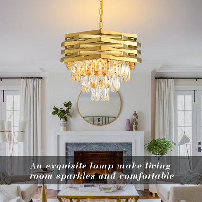Gold Crystal Chandelier 15.7" Round Modern Crystal Chandeliers for Dining Room K9 3-Tiers Ceiling Pendant Light Fixtures Large Flush Mount Chandelier for Living Room Entryway Foyer Bedroom Kitchen