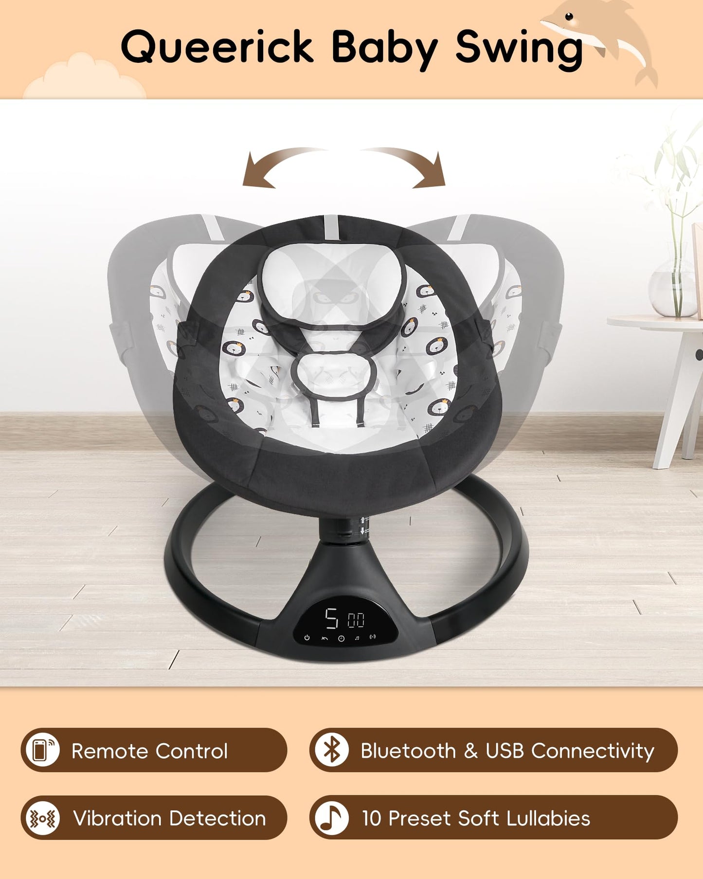 Queerick Baby Swing for Infants to Toddler Portable Babies Swing Timing Function 5 Swing Speeds Bluetooth Touch Screen Music Speaker with 10 Preset Lullabies 5-Point Carabiner