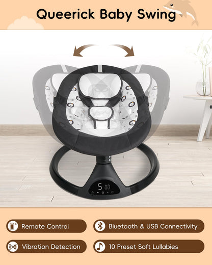 Queerick Baby Swing for Infants to Toddler Portable Babies Swing Timing Function 5 Swing Speeds Bluetooth Touch Screen Music Speaker with 10 Preset Lullabies 5-Point Carabiner