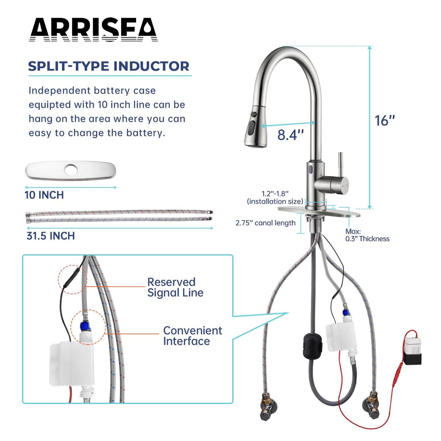 ARRISEA Kitchen Faucet, Laundry Faucets with Sprayer, Bar and RV Sink Faucet with 10'' Deck Plate, Stainless Steel Single Handle High Arc Brushed Nickel Faucets with Pull-Down Spayer