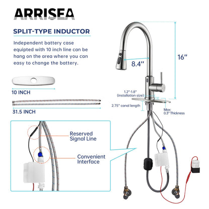 ARRISEA Kitchen Faucet, Laundry Faucets with Sprayer, Bar and RV Sink Faucet with 10'' Deck Plate, Stainless Steel Single Handle High Arc Brushed Nickel Faucets with Pull-Down Spayer