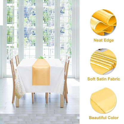 WDF 16Pack White and Gold Plastic Tablecloths Gold Table Runners - 54 x 108 Inch Gold Dot Rectangle Tablecloth 12 x 108 Inch for Parties/Wedding/Thanksgiving