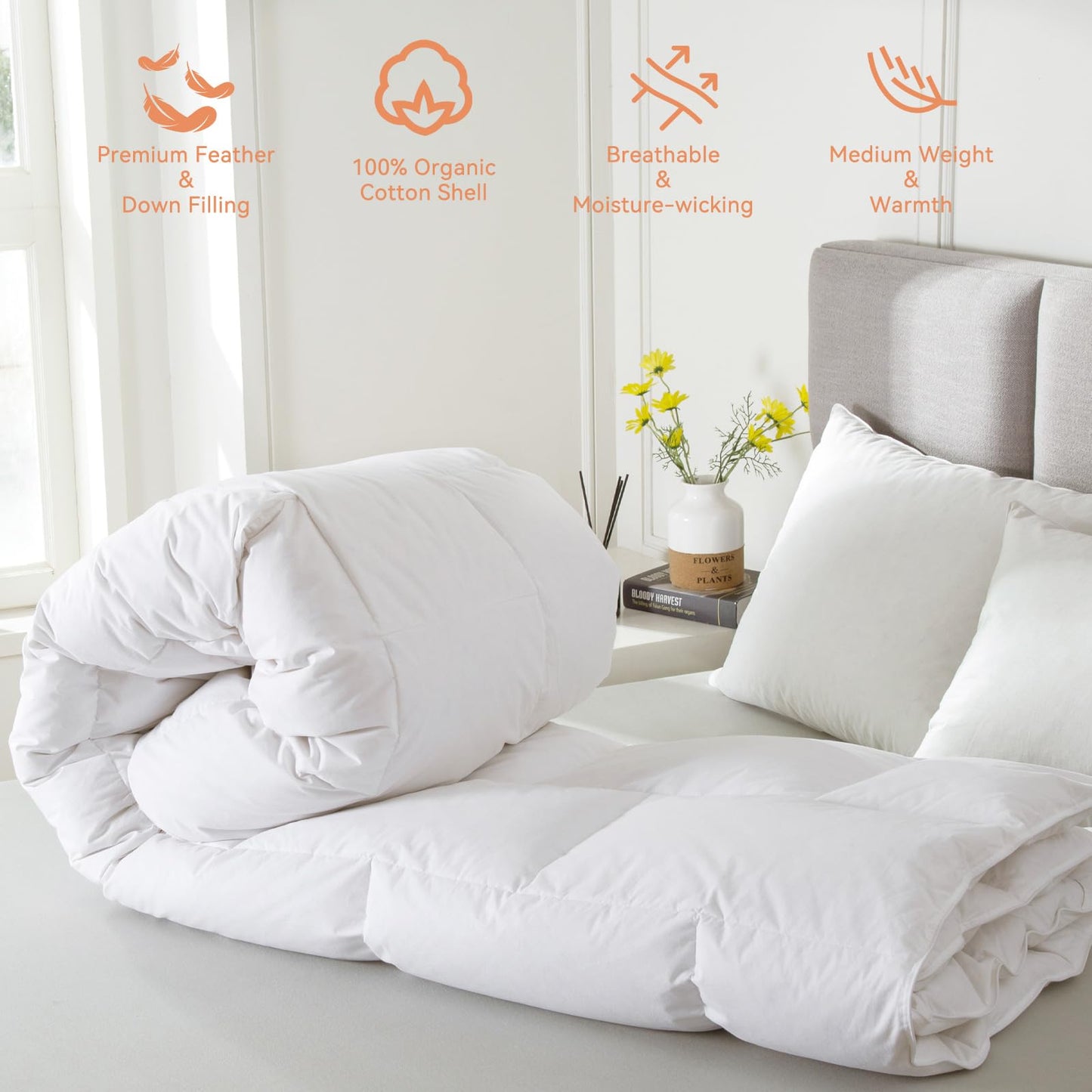 Luxury Queen Size White Goose Feather Down Comforter, All Seasons Duvet Insert 600 Thread Count Soft 100% Organic Cotton Cover Down Proof,Medium Warmth Cozy Duvet with 8 Corner Tabs.