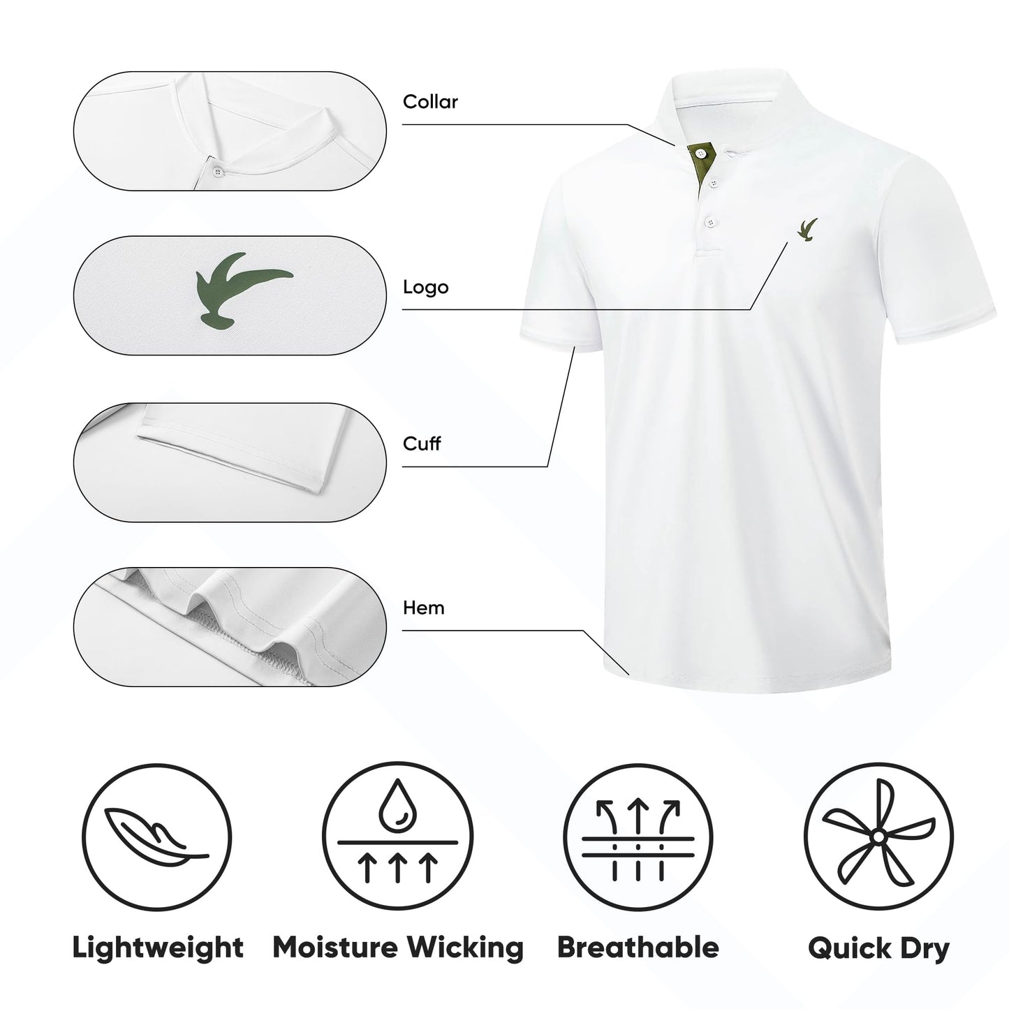 JMIERR Polo Shirts for Men Summer Quick Dry Casual Short Sleeve Button Up Fishing Work Golf Tshirt, L, White