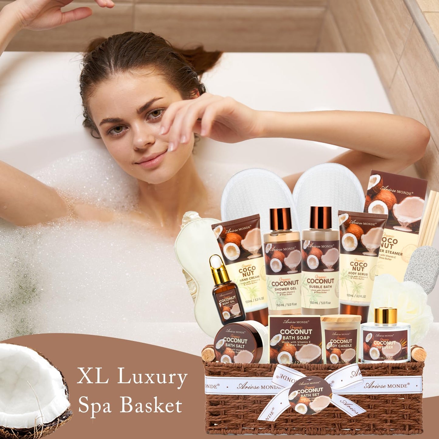 Spa Gift Basket for Women, Coconut Luxury Gift Set with Shower Gel, Bubble Bath, Hand Cream, Bath Soap, Bath Salt, Essential Oil, Luxury Bath and Body Gift Kit for Christmas