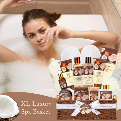 Spa Gift Basket for Women, Coconut Luxury Gift Set with Shower Gel, Bubble Bath, Hand Cream, Bath Soap, Bath Salt, Essential Oil, Luxury Bath and Body Gift Kit for Christmas