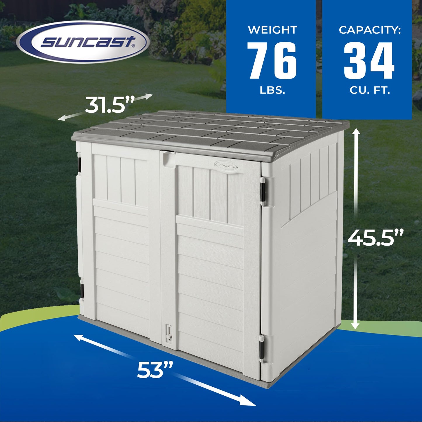 Suncast Horizontal 34 Cubic Feet Plastic Outdoor Storage Shed with Floor and 3 Door Locking System for Backyard, Garage, or Patio Use, Ivory