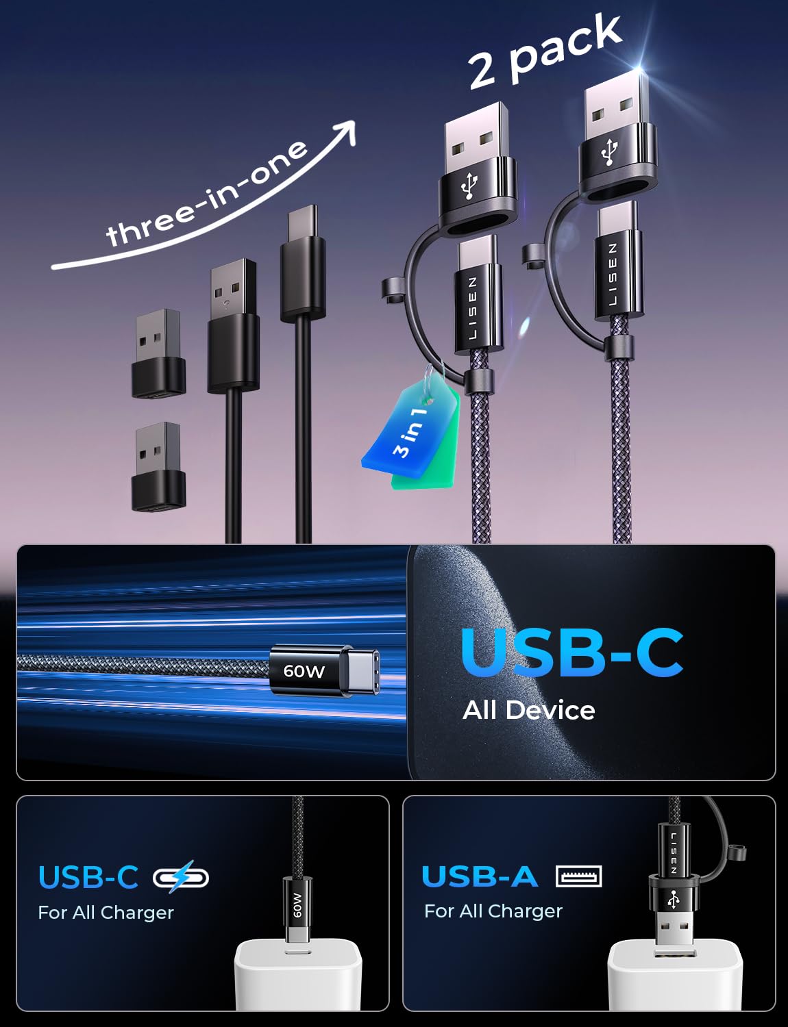 USBC to USBC Cable C Fast Charging USB A to USB C Cable 6.6ft 2Pack, for iPad Pro Charger Cable 60W Braided for iPhone 15 Carplay Cable Samsung Android Charger Fast Charging Cord for MacBook