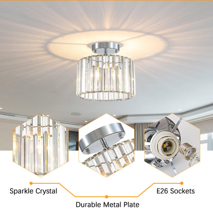 TSMKLEDAN Semi Flush Mount Ceiling Light, Modern Crystal Ceiling Light Fixture, 9.5 Inch Small Crystal Chandeliers for Living Room Hallway Bedroom Kitchen Porch Entryway with E26 Base, Silver