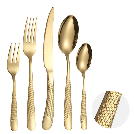 A · HOUSEWARE Hammered Silverware Set Gold 20-Piece Stainless Steel Flatware for 4 Forks Knives and Spoons Modern Thickened Creative Design Handle Durable Festival Parties Kitchen Everyday Use