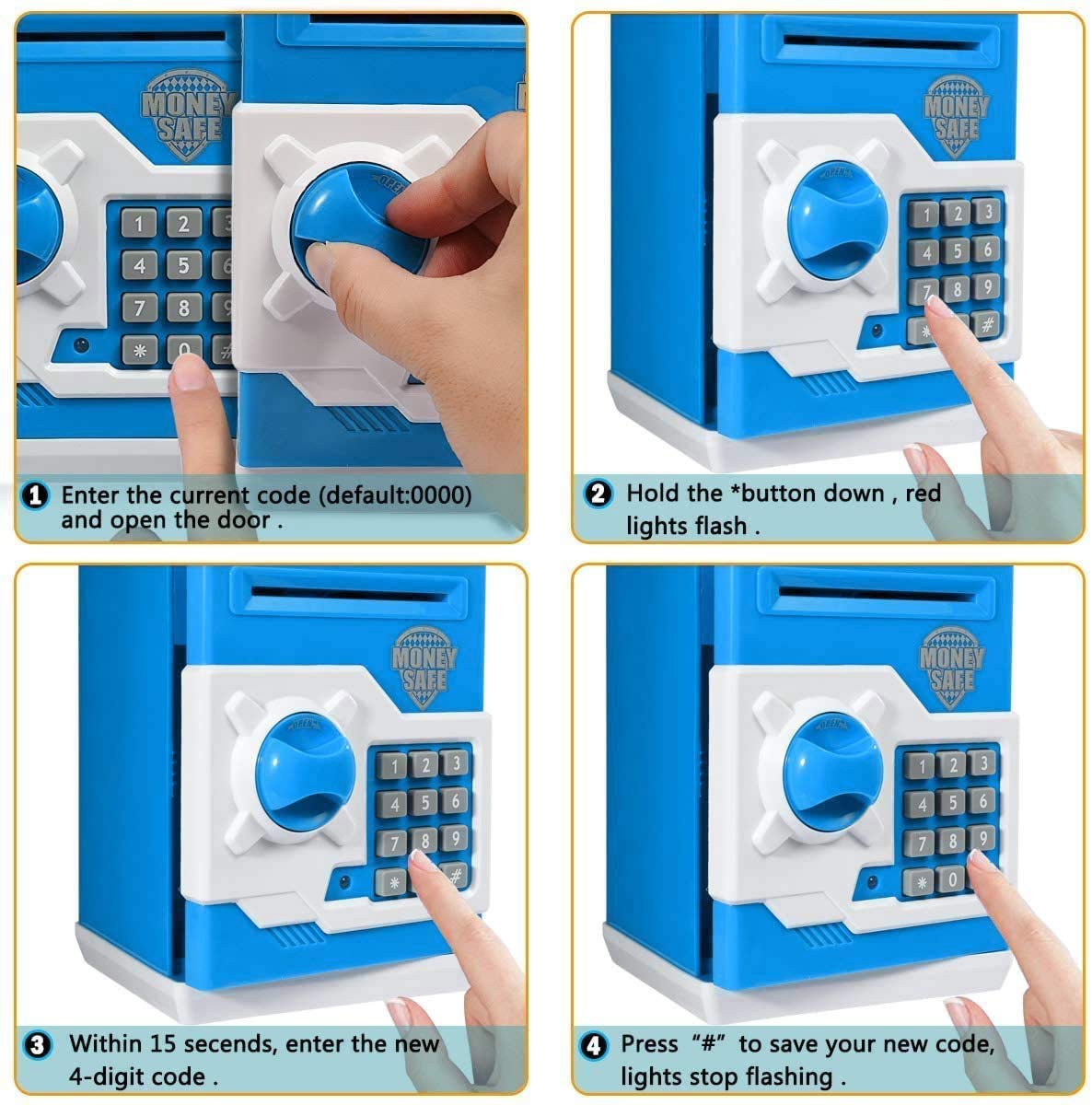 Qwifyu Piggy Bank for Boys Girls, 4 5 6 7 8 9 10 Year Old Girl Boy Birthday Gift Ideas, Electronic Password Money Saving Box ATM, Great Gift Safe Bank Toys for Kids (Blue White)