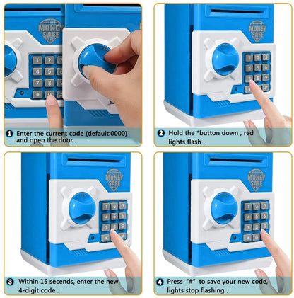 Qwifyu Piggy Bank for Boys Girls, 4 5 6 7 8 9 10 Year Old Girl Boy Birthday Gift Ideas, Electronic Password Money Saving Box ATM, Great Gift Safe Bank Toys for Kids (Blue White)