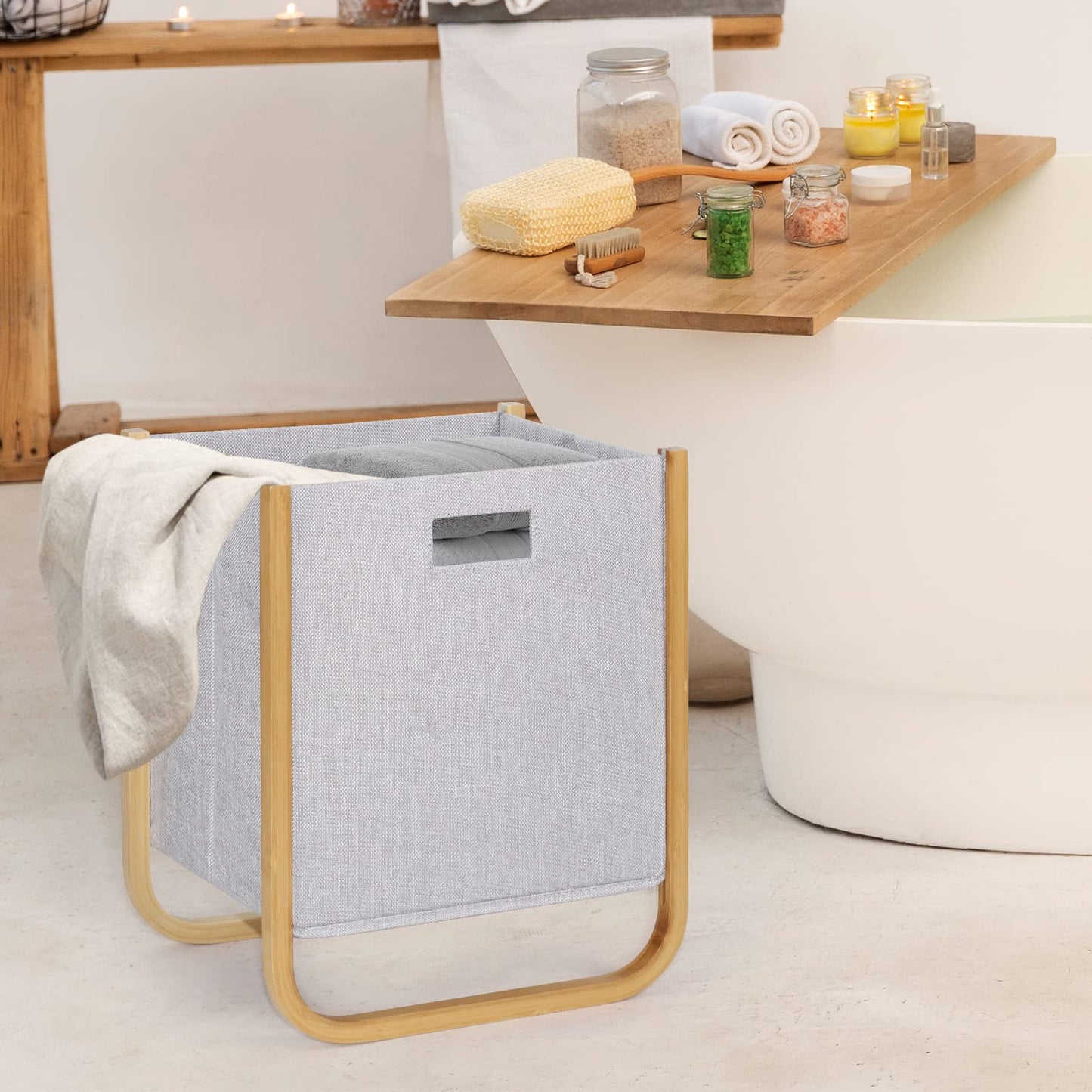 EZDeco Laundry Basket with Bamboo,30L Thickened Foldable Hampers for Laundry,Small Laundry Hamper Organization and Storage for RV,Children's Clothes and Toys,Bathroom,Bedroom,Dorm,Room,Sturdy