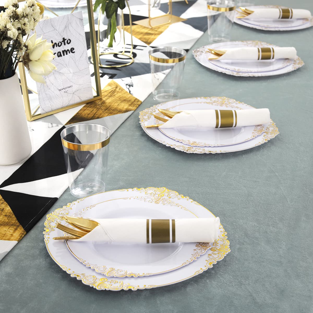 Nervure 350PCS White and Gold Plastic Plates & Pre Rolled Napkins with Plastic Cutlery for 50 Guests-Gold Disposable Plates, 150 Gold Plastic Silverware, 50Cups, 50Napkins for Wedding & Party