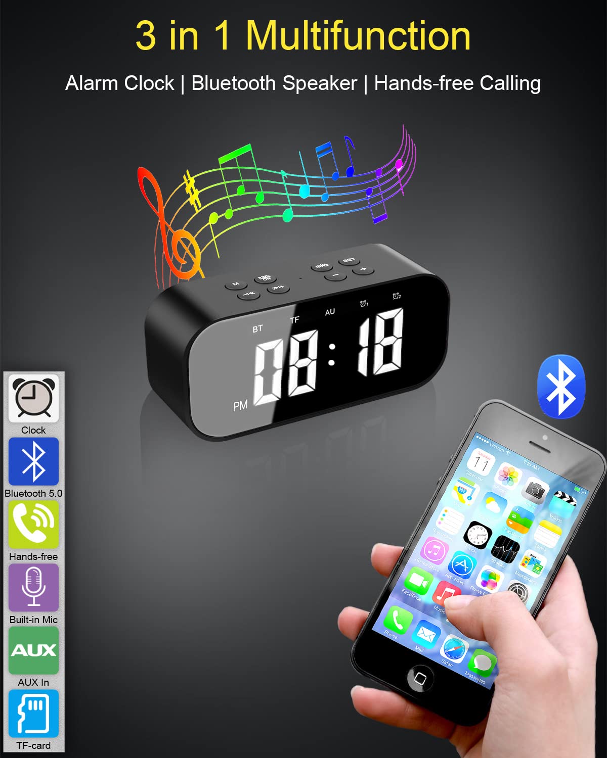 AFK Alarm Clock for Bedroom/Office,Digital Clock with Bluetooth Speaker,Small Alarm Clock for Heavy Sleepers Adults/Teens with Dual Alarms,Mirror LED Display,Hands-Free Calling.(12H Format)