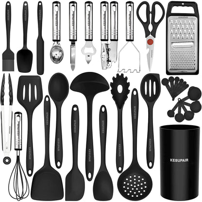 Kitchen Utensils Set - 446°F Heat Resistant Silicone Cooking Utensils Set-Kitchen Tools and Gadgets for Cooking Nonstick Cookware (Black)