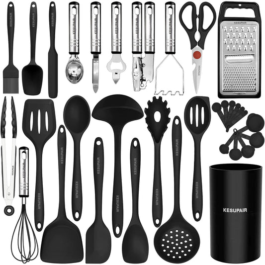 Kitchen Utensils Set - 446°F Heat Resistant Silicone Cooking Utensils Set-Kitchen Tools and Gadgets for Cooking Nonstick Cookware (Black)